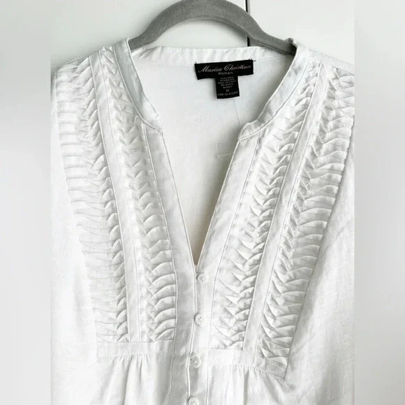 White Linen Blouse Pin Tuck Button Front 3/4 Sleeve Size 1X Marisa Christina - Picture 4 of 8